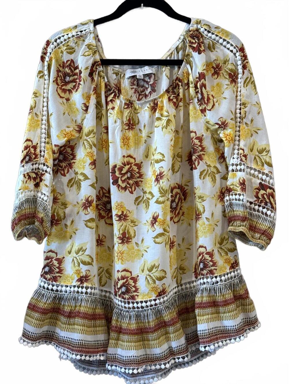 Fever Floral Print Bohemian Blouse Top Size Large
